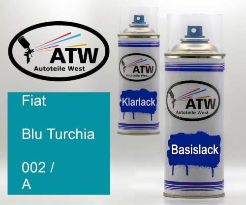 Fiat, Blu Turchia, 002 / A: 400ml Sprühdose + 400ml Klarlack - Set, von ATW Autoteile West.